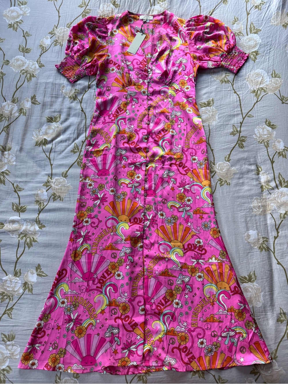 NWT Never Fully Dressed pink midi dress with flower print. Size: 8.